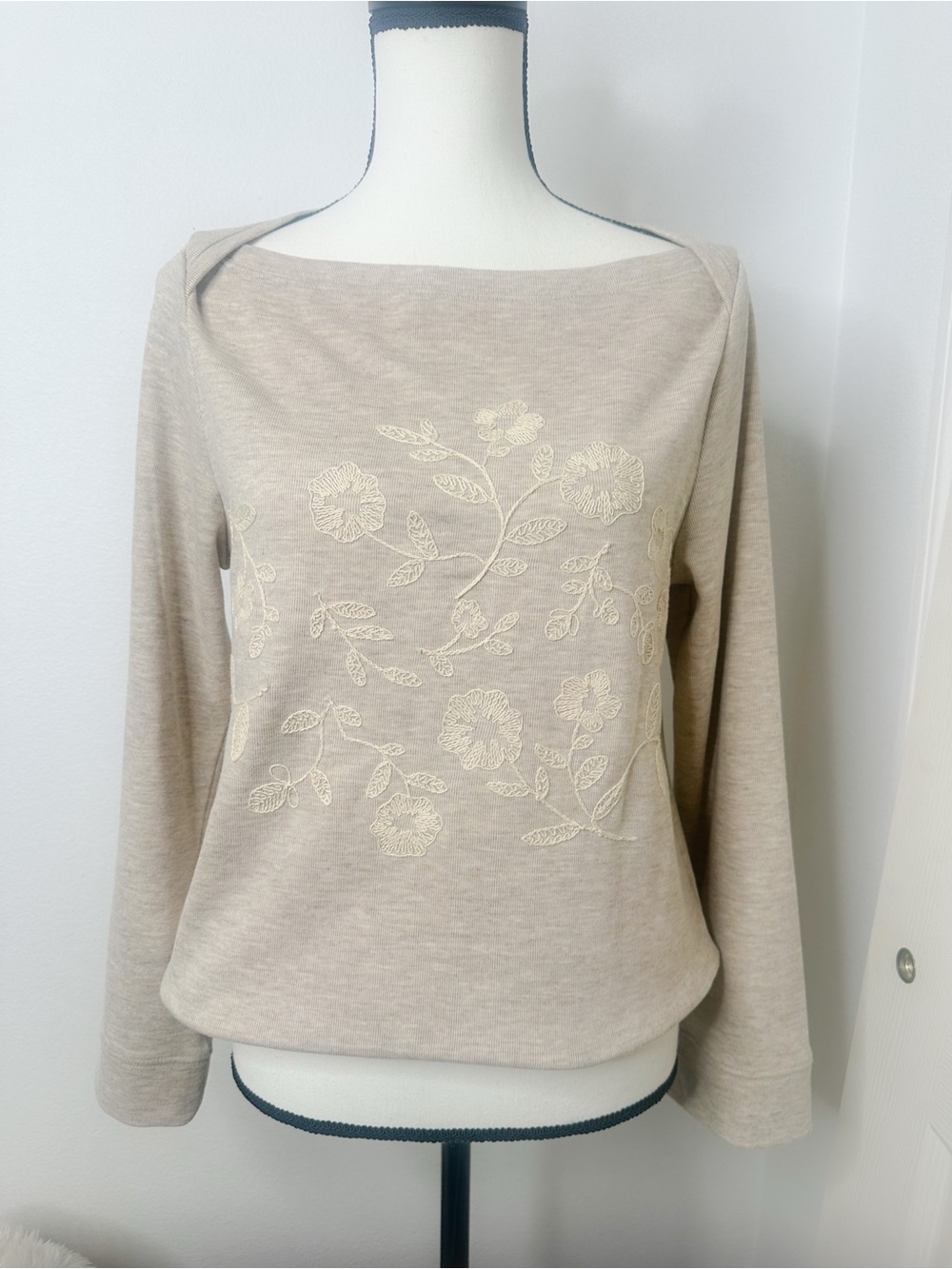 Democracy Beige Floral Embroidered Boatneck Sweater